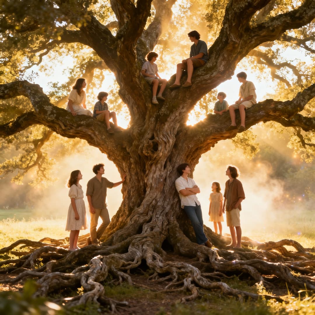 Familia reunida bajo un gran \u00e1rbol - Constelaciones Familiares